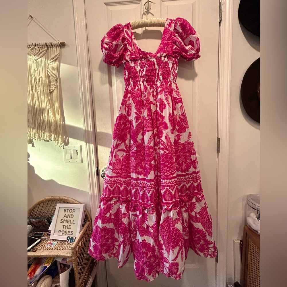 NWOT FARM Rio Tropical Woodcut Pink Maxi Dress Size X Small